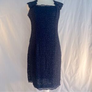 Adrianna Papell Dress Cocktail Navy Blue Lace Overlay Square Neck Sleeveless 6 👍